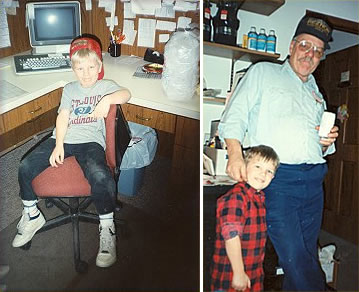 photo collage of young kid in an office chair and grandpa and grandchild in breakroom in the late 80s